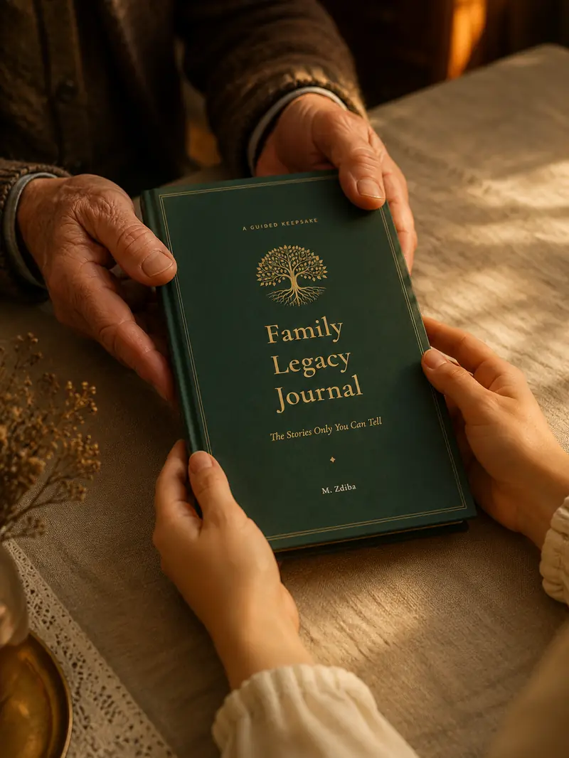Two pairs of hands, one older and one younger, passing the journal across a linen tablecloth.