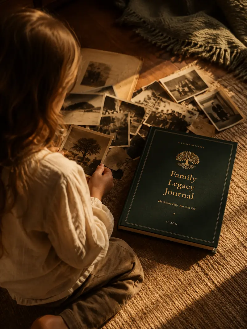 A young woman on a rug looking through old family photographs, the journal beside her.