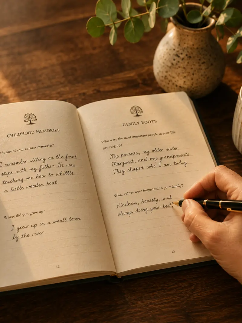 Hands writing an answer in the open journal with a fountain pen.