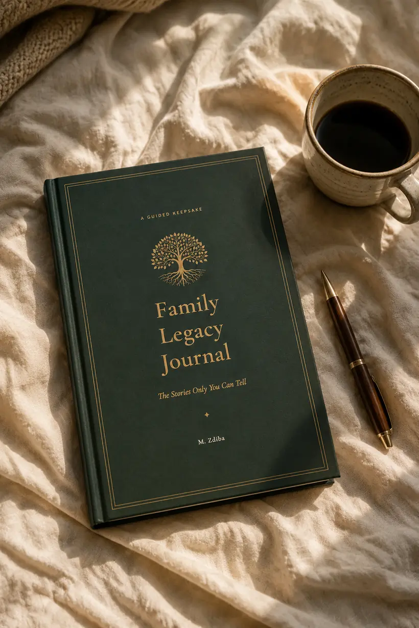 The journal on cream linen in morning light, a pen and a cup of coffee beside it.