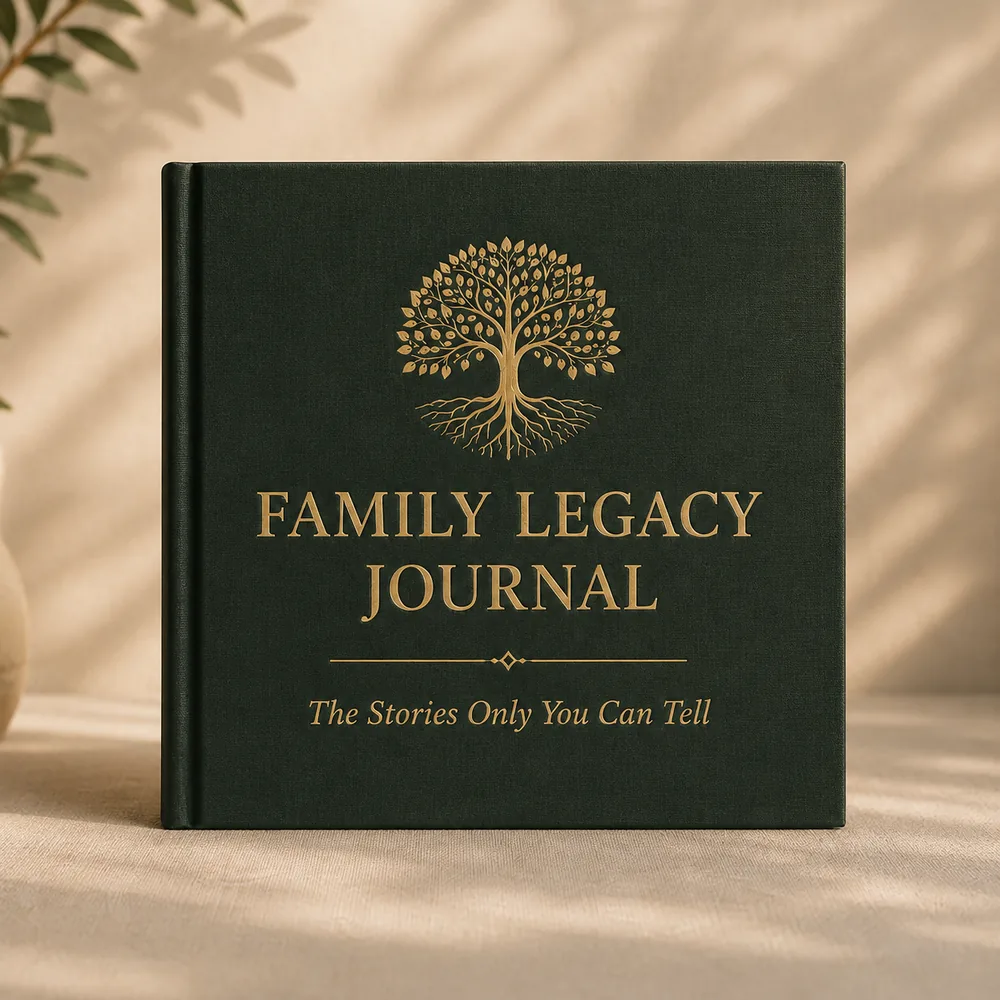 The Family Legacy Journal: a dark green cover with a gold tree and the words The Stories Only You Can Tell.