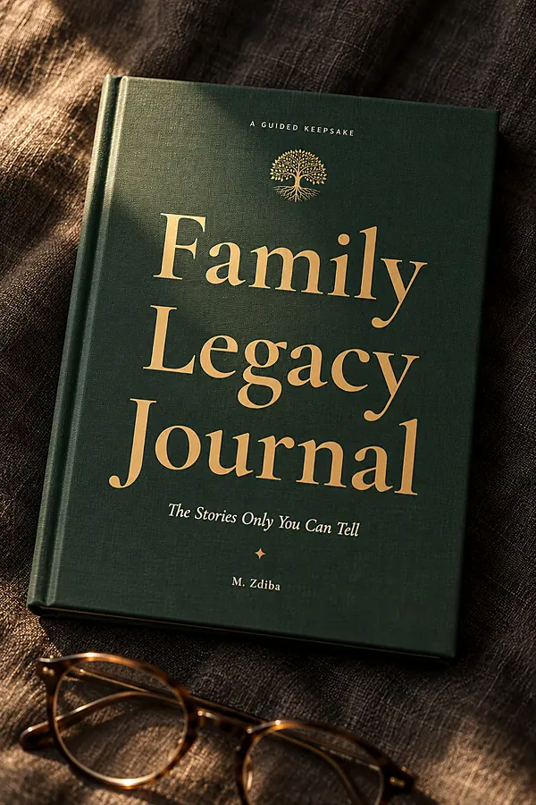 The forest-green Family Legacy Journal hardcover with its gold tree and title.