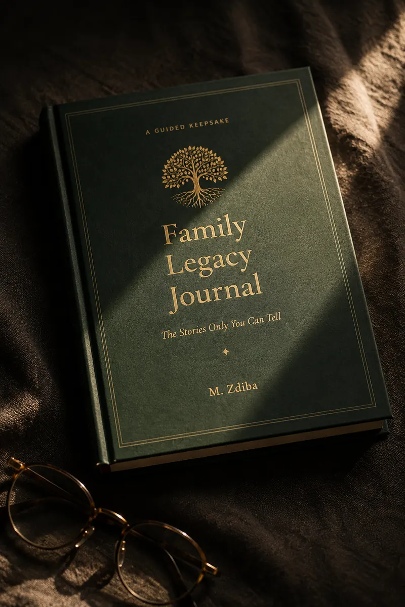 The Family Legacy Journal: a dark green cover with a gold tree and the words The Stories Only You Can Tell.