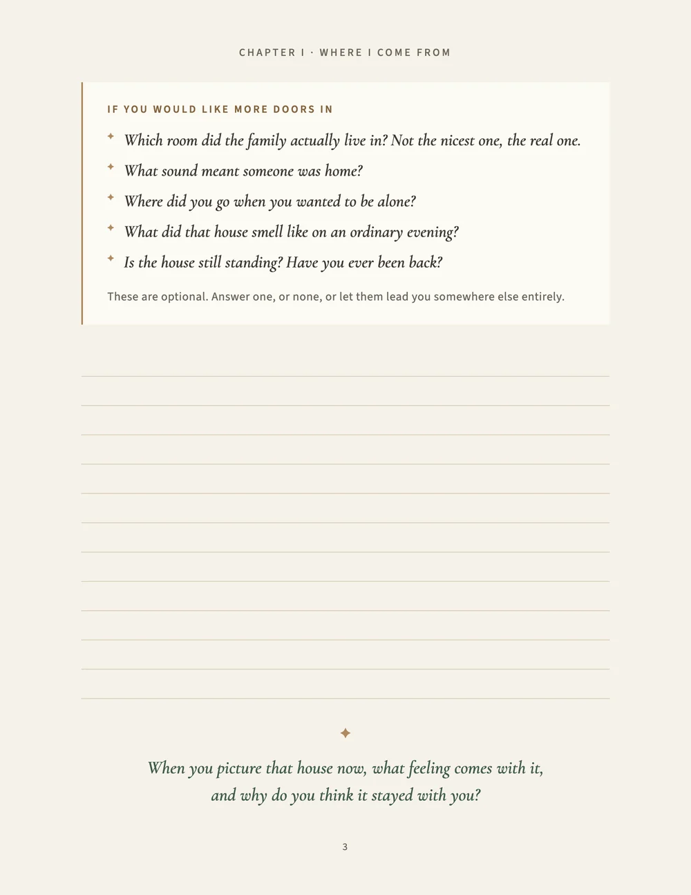 A memory sparks page listing gentle follow up questions.