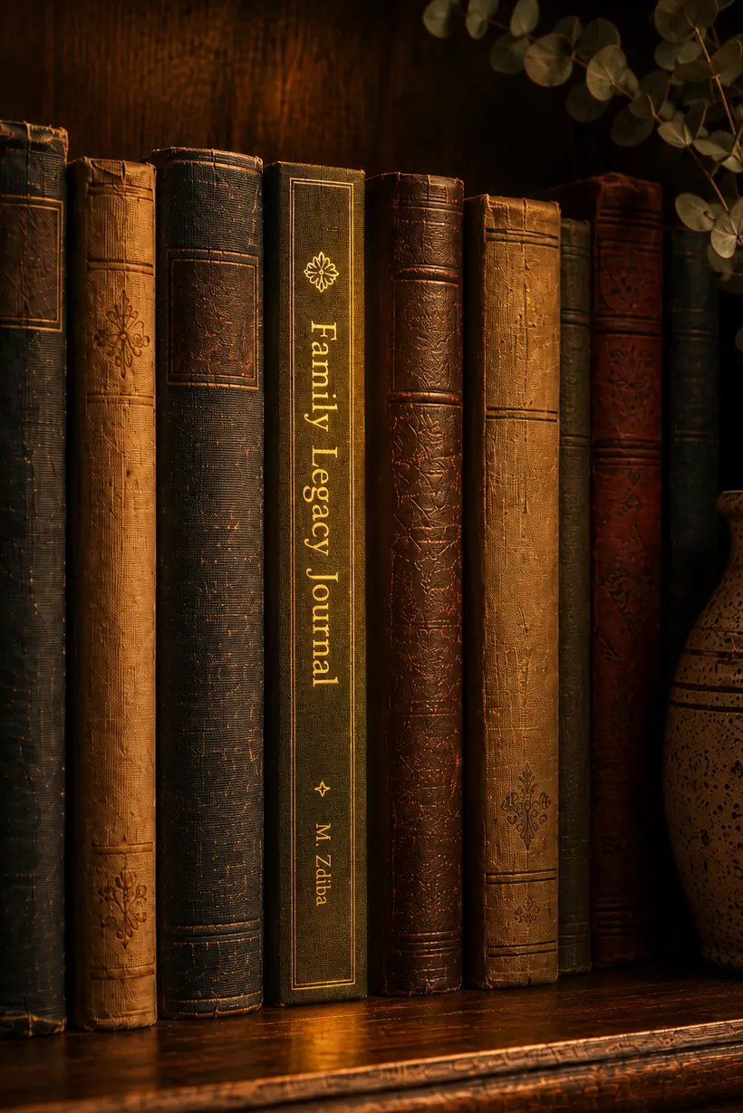 The journal standing on a walnut shelf among old clothbound books, warm lamplight across its gold spine.