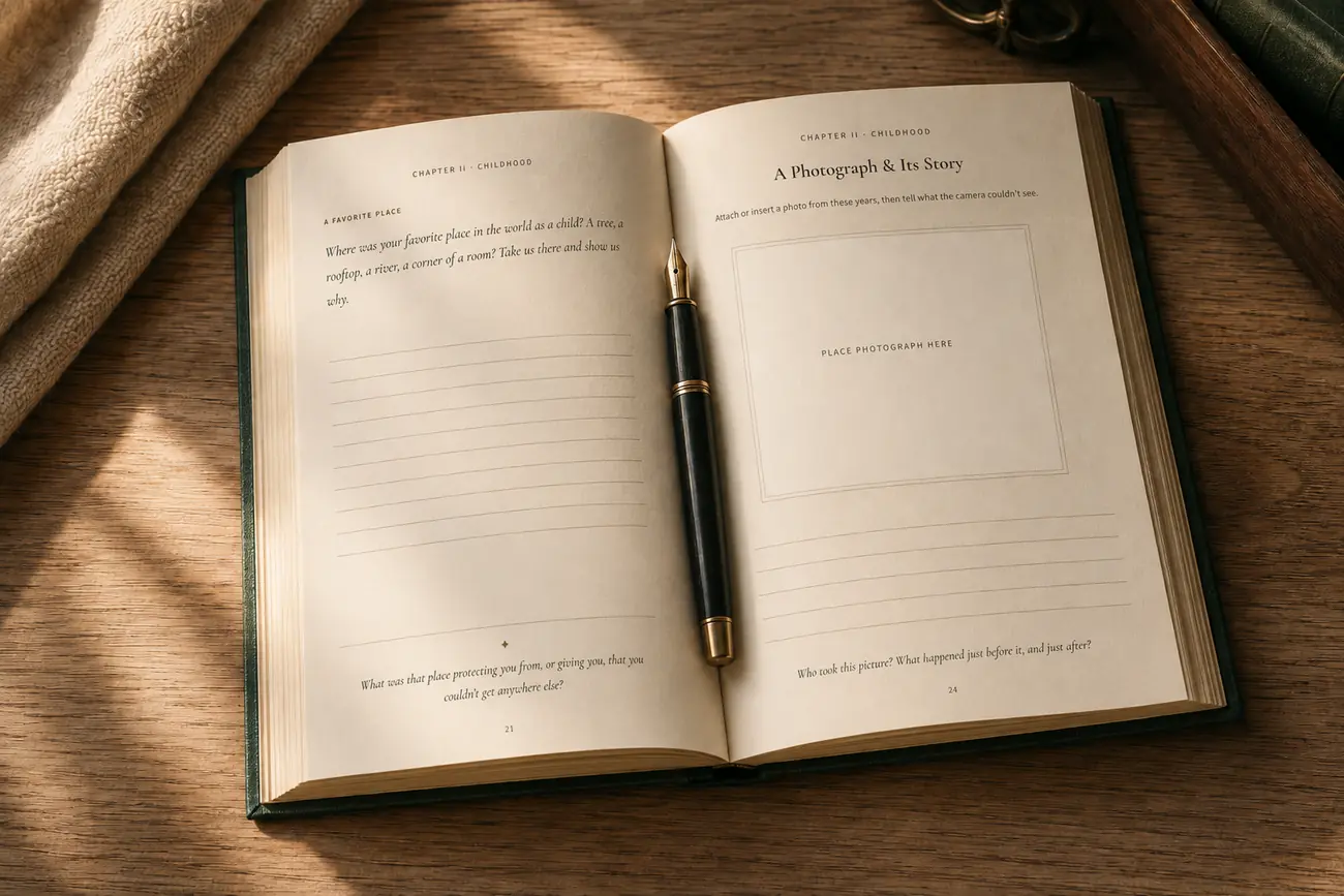 The journal open on a desk, a fountain pen resting in the gutter beside a photo page.